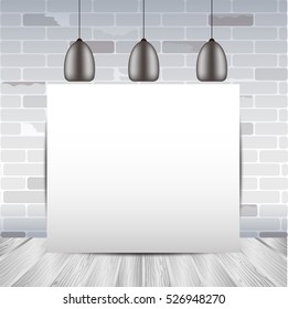 mock up frame in the room with white brick wall and wooden floor, poster template, room interior template