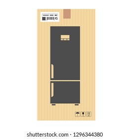 Mock up of Fridge in carton box. Moving and delivery services. Vector illustration