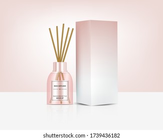 Mock up Glossy Transparent Reed diffuser Bottle with Perfume oil Product Branding Advertising with Pastel Colour box. Relax merchandise Background Illustration.