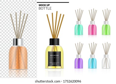 Mock up Glossy Transparent Reed diffuser Bottle with Perfume oil Product Branding Advertising with Pastel Colour. Relax merchandise Background Illustration.