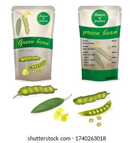 se burlan del embalaje de frijol verde. empaquetado vectorial realista.