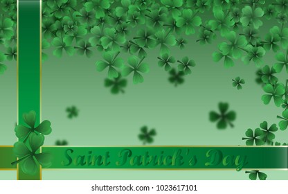 mock up greeting card clover leaves and ribbons for St Patricks day vector green blurred background