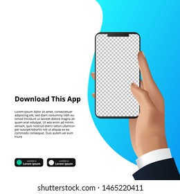 mock up hand holding smarthphone app for download software. business concept can use for banner, social media, landing
