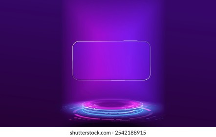 Maqueta de la vista frontal del teléfono inteligente Horizontal en el podio con la pantalla azul moderna. Teléfono del juego de la Tecnología, pantalla exclusiva, plataforma futurista del neón. Fondo de objeto móvil aislado. Concepto de Vector Ai.