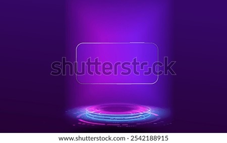 Mock up horizontal smartphone front view on podium with modern blue screen. Technology game phone, exclusive screen, futuristic neon platform. Isolated mobile object background. Ai vector concept.
