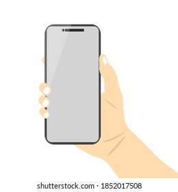 Imagen de parodia de una mano sosteniendo una pantalla en blanco de un smartphone con fondo blanco.