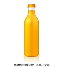 Mock Up Juice Glass Plastic Yellow Orange Bottle On White Background Isolated. Ready For Your Design. Product Packing. Vector EPS10 