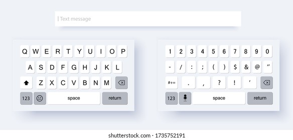 Mock up light keyboard of smartphone. Set of vector mobile keyboards full set. Alphabet and numerals buttons in modern style. Compact virtual keyboard for mobile device.  Vector illustration