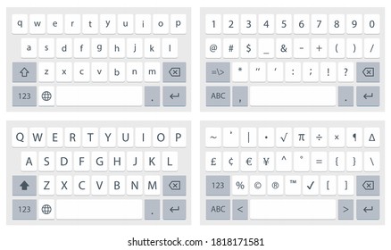 Mock up light keyboard of smartphone. Set of vector mobile keyboards full set. Alphabet and numerals buttons. Compact virtual keyboard for mobile device. Vector