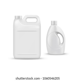 mock up liquid laundry detergent package, realistic set of  blank plastic white bottles. Mockup for brand and package design