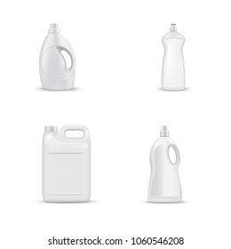 mock up liquid laundry detergent package, realistic set of  blank plastic white bottles. Mockup for brand and package design