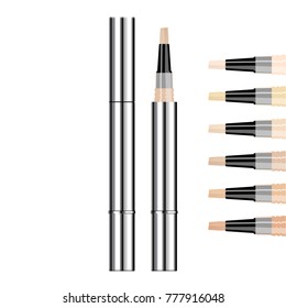 Mock up of makeup concealer stick. Realistic package of face skin  corrective cosmetic product. 3d  template of silver container isolated on white background with color swatches.