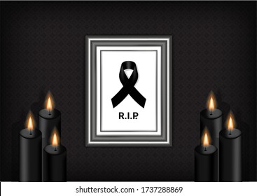 Mock up Mourning symbol with Black Respect ribbon ,Frame and Candle on Texture background Banner. Rest in Peace Funeral card Vector Illustration.