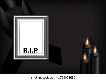 Mock up Mourning symbol with Black Respect ribbon ,Frame and Candle on Texture background Banner. Rest in Peace Funeral card Vector Illustration.