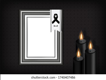 Mock up Mourning symbol with Black Respect ribbon ,Frame and Candle on Texture background Banner. Rest in Peace Funeral card Vector Illustration.