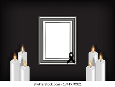 Mock up Mourning symbol with Black Respect ribbon ,Frame and Candle on Texture background Banner. Rest in Peace Funeral card Vector Illustration.