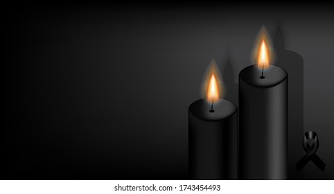 Mock up Mourning symbol with Black Respect ribbon and Candle on Texture background Banner. Rest in Peace Funeral card Vector Illustration.