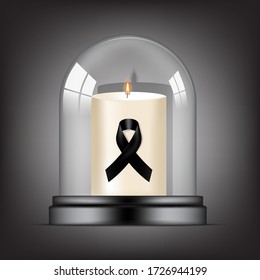 Mock up Mourning symbol with RIP Black Respect ribbon and Candle in Transparent Glass Dome background Banner. Rest in Peace Funeral card Vector Illustration.