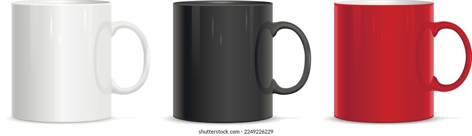 Mock up mugs. Realistic white, black and red cups.