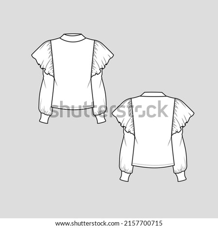 Mock neck Ruffles sleeve top high neck fashion layered ruffles flounce long sleeve cuff detail  t shirt top blouse womens fashion flat sketch technical drawing template design vector
