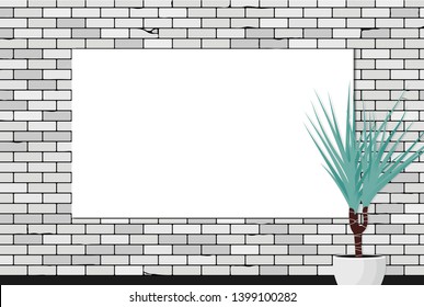 Mock up with Old brick wall background with vignette and plant. Vector brick wall texture in grey for background template