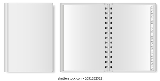 The mock up of an open and closed organizer with realistic shadows, independent of the background color. Vectoring illustration.