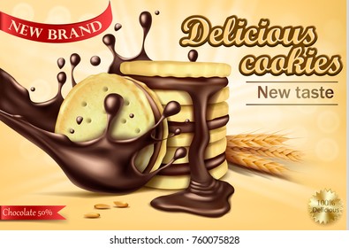 Mock up packaging, ad for chocolate sandwich cookies, realistic vector illustration. Whole wheat biscuits with filling, pouring melted chocolate