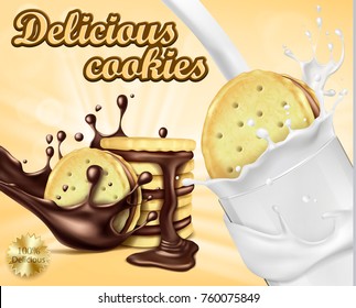Mock up packaging, ad for chocolate sandwich cookies, realistic vector illustration. biscuits with filling, pouring melted chocolate, lying wheat ears, sweet crispy and glass of milk