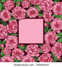 Mock up with peony flowers, leaves and squared frame. Floral romantic colorful template on white background for greeting cards, invitations, postcards and covers with text place.