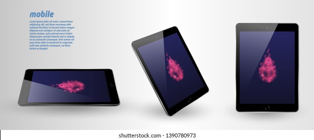 Mock up phone with blank screen. Isolated vector illustration. Black tablet at different angles.