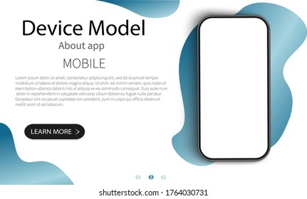 Mock up phone with a blank screen on a white background with blue objects. Model of a modern communication device. Template for web site interface design. Vector illustration