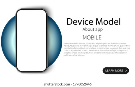 Mock up phone with a blank screen on a white background with blue objects. Template for web site interface design. Model of a modern communication device.Vector illustration 