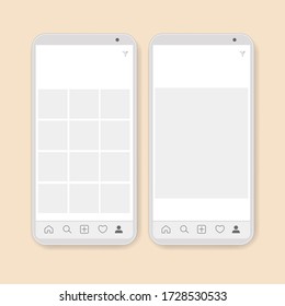 Mock up phone for social media network. Modern application with photos tile template. User profile, post, buttons, frame for photo. Isolated vector illustration.