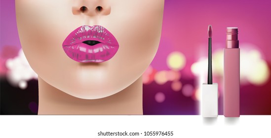 Mock up pink lips and matte lipstick . Vector Image of vivid open mouth of woman. Realistic vector illustrations .