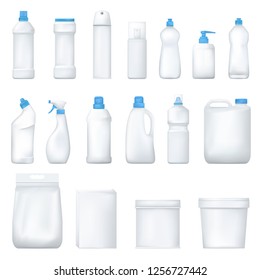 Mock up plastic bottle and packge. Set of realistic detergent product. Household chemicals. Vector illustration