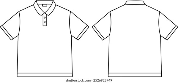 Mock Up Polo Shirt fashion illustration. T-Shirt fashion flat technical drawing outline template, short sleeve, polo collar, buttons, relaxed fit, front and back view