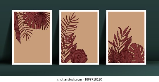 Maqueta de carteles para la decoración de las paredes de los interiores. Conjunto de moderna ilustración vectorial de siluetas abstractas de hojas tropicales en minimalista. Disposiciones de formas geométricas planas en ornamento floral de moda
