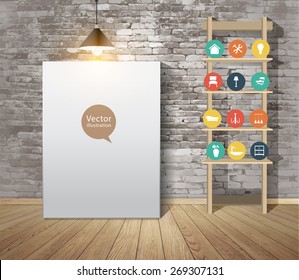 Mock up poster with vintage hipster loft interior background, With furniture flat icons, Vector illustration modern template design