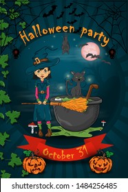 mock posters for all saints eve, Halloween, little witch with broom standing next to the potion cauldron in the cemetery, vector designvector EPS 10