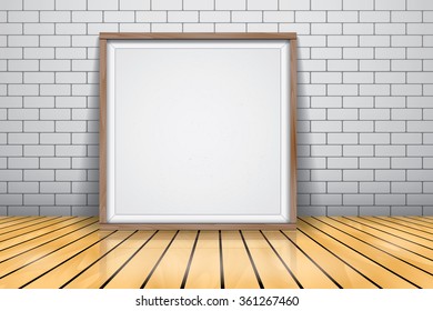 Mock up for presentation framed signboard standing on glossy wooden floor, Whiteboard wood frame.