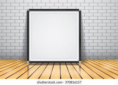 Mock up for presentation framed signboard standing on glossy wooden floor, Whiteboard wood frame.