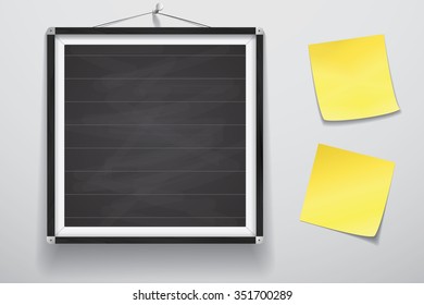 Mock up for presentation framed signboard with two yellow stickers hanging on wall, Chalkboard wood frame 