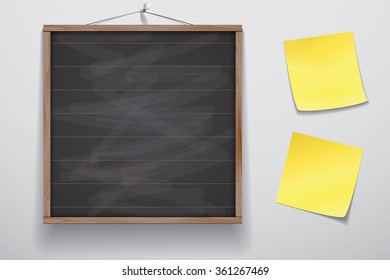 Mock up for presentation framed signboard with two yellow stickers hanging on wall, Chalkboard wood frame.
