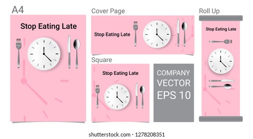 Mock up Realistic Advertising Banner Time To Eat With Clock, White Plate or Dish, Metal Spoon  Fork and Knife on Dining Table for food isolated Abstract Background Vector.