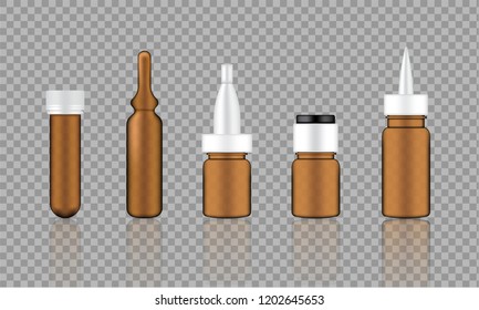 Mock Up Realistic Amber Cosmetic Serum, Ampoule, Oil Dropper Bottles Set For Skincare Product Background Illustration