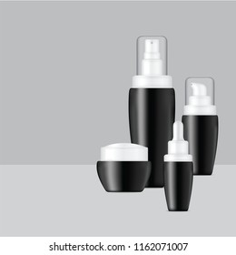 Mock up Realistic Black Cosmetic Soap, Shampoo, Cream, Perfume and Dropper Bottles Product Set With White Cap Background Illustration