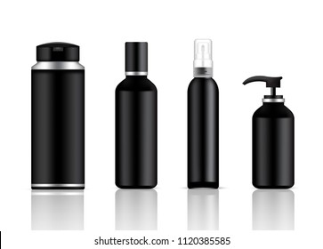 Mock up Realistic Black and Metal Cosmetic Bottles Set Background Illustration