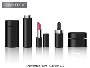 Mock up Realistic Black Packaging Product For Cosmetic Beauty Bottle, Spray, Lipstick And Dropper or Pipette For Make up isolated Set On White Background.