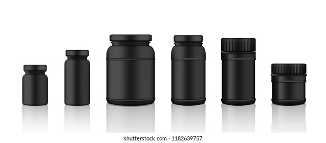 Mock up Realistic Black Plastic Packaging Product Jar For Protein or Medicine Bottle isolated on white Background.