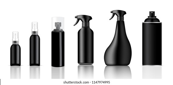 Mock up Realistic Black Plastic Spray Packaging Product For Cleaner or Toiletries Bottle Set isolated on White Background.
